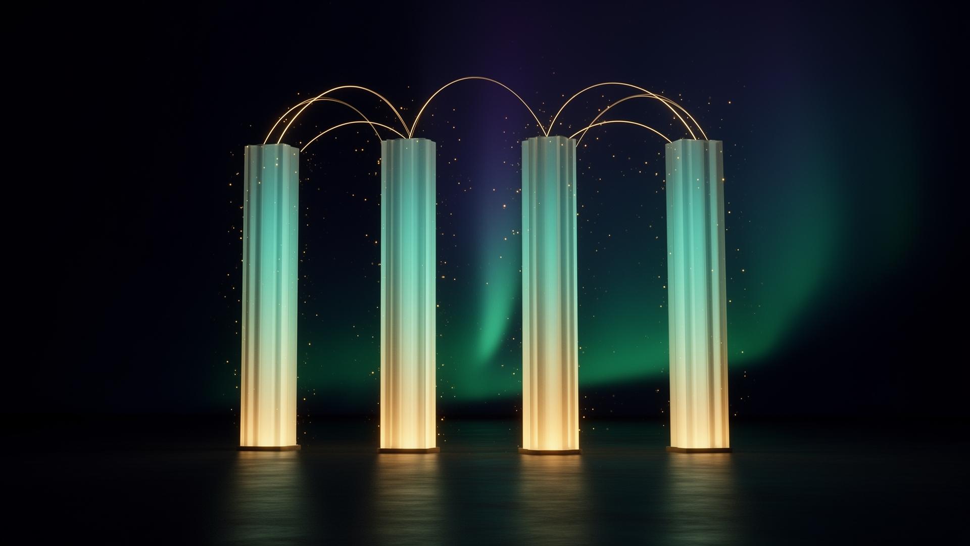 Four luminous pillars symbolising The Person, The Goal, The Environment, and The Resources